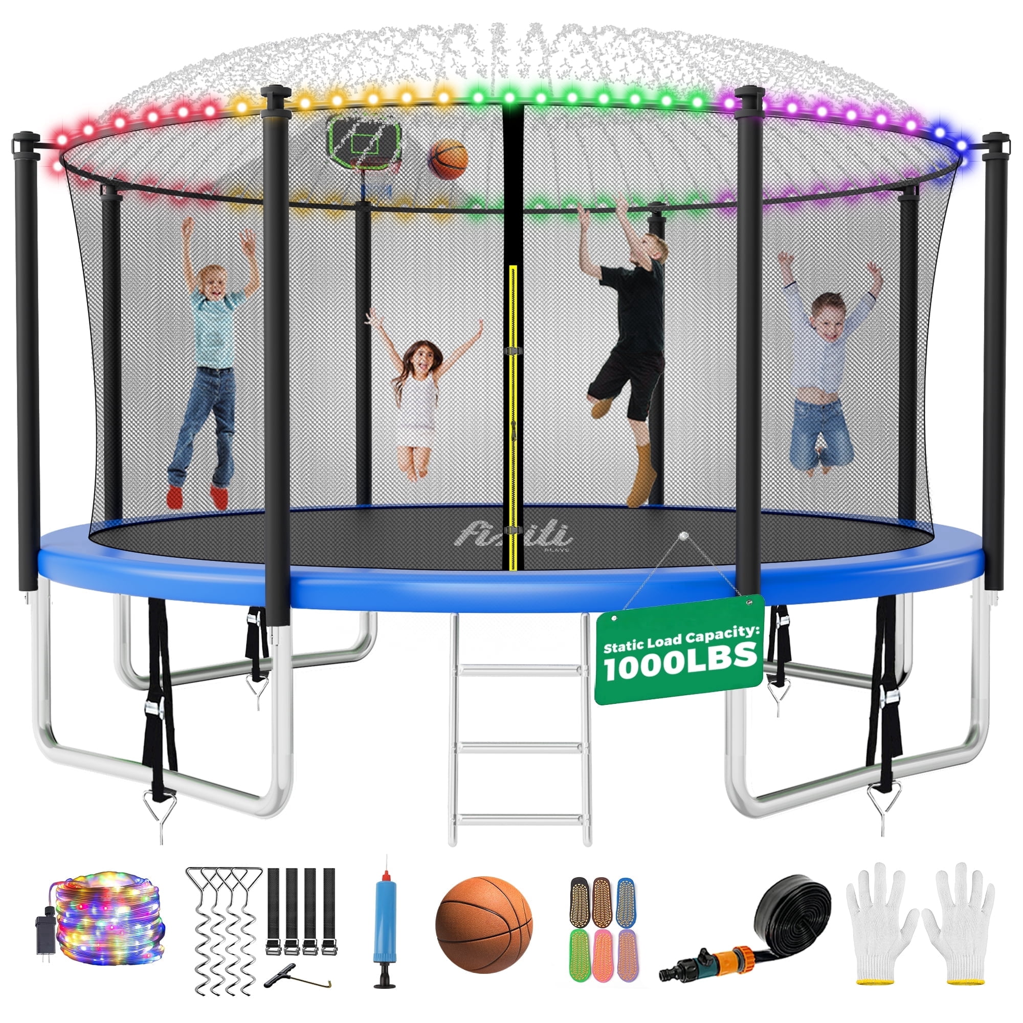 FIZITI 12FT 1000LBS Trampoline for Adults/Kids,Outdoor Trampoline with Enclosure Net,Basketball Hoop,Sprinkler,LED Light,Socks,Wind Stakes,Ladder,Recreational Trampoline for Backyard