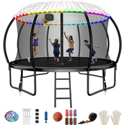 FIZITI 12FT 990LBS Trampoline with Basketball Hoop for Kids,Pumpkin Outdoor Trampoline with Enclosure Net,Sprinkler,Light,Socks,Ladder, Recreational Backyard Trampoline Capacity for 4-6 Kids