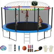 FIZITI 14FT 1400LBS Trampoline for Adults/Kids,Outdoor Trampoline with Enclosure Net,Basketball Hoop,Sprinkler,LED Light,Socks,Wind Stakes,Ladder, Recreational Trampoline for Backyard