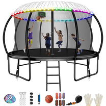FIZITI 14FT 1400LBS Trampoline with Basketball Hoop for Kids,Pumpkin Outdoor Trampoline with Enclosure Net,Sprinkler,Light,Socks,Ladder, Recreational Backyard Trampoline Capacity for 7-8 Kids