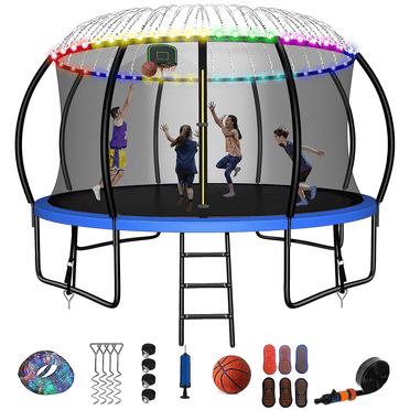 FIZITI 14FT 1400LBS Trampoline with Basketball Hoop for Kids,Pumpkin Outdoor Trampoline with Enclosure Net,Sprinkler,Light,Socks,Ladder, Recreational Backyard Trampoline Capacity for 7-8 Kids,Blue