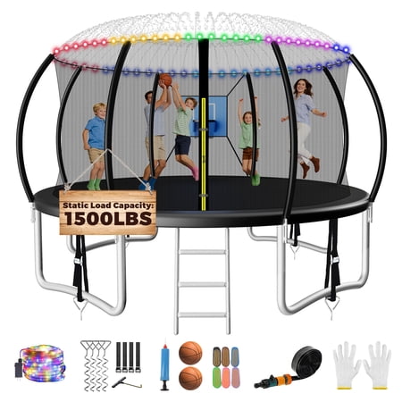 FIZITI 14FT 1500LBS Trampoline with Basketball Hoop for Kids,Pumpkin Outdoor Trampoline with Enclosure Net,Sprinkler,Light,Socks,Ladder, Recreational Backyard Trampoline Capacity for 7-8 Kids