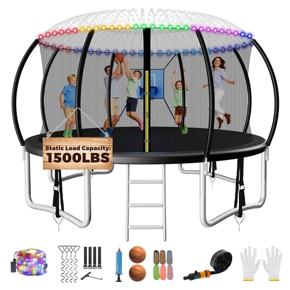 FIZITI 14FT 1500LBS Trampoline with Basketball Hoop for Kids,Pumpkin Outdoor Trampoline with Enclosure Net,Sprinkler,Light,Socks,Ladder, Recreational Backyard Trampoline Capacity for 7-8 Kids