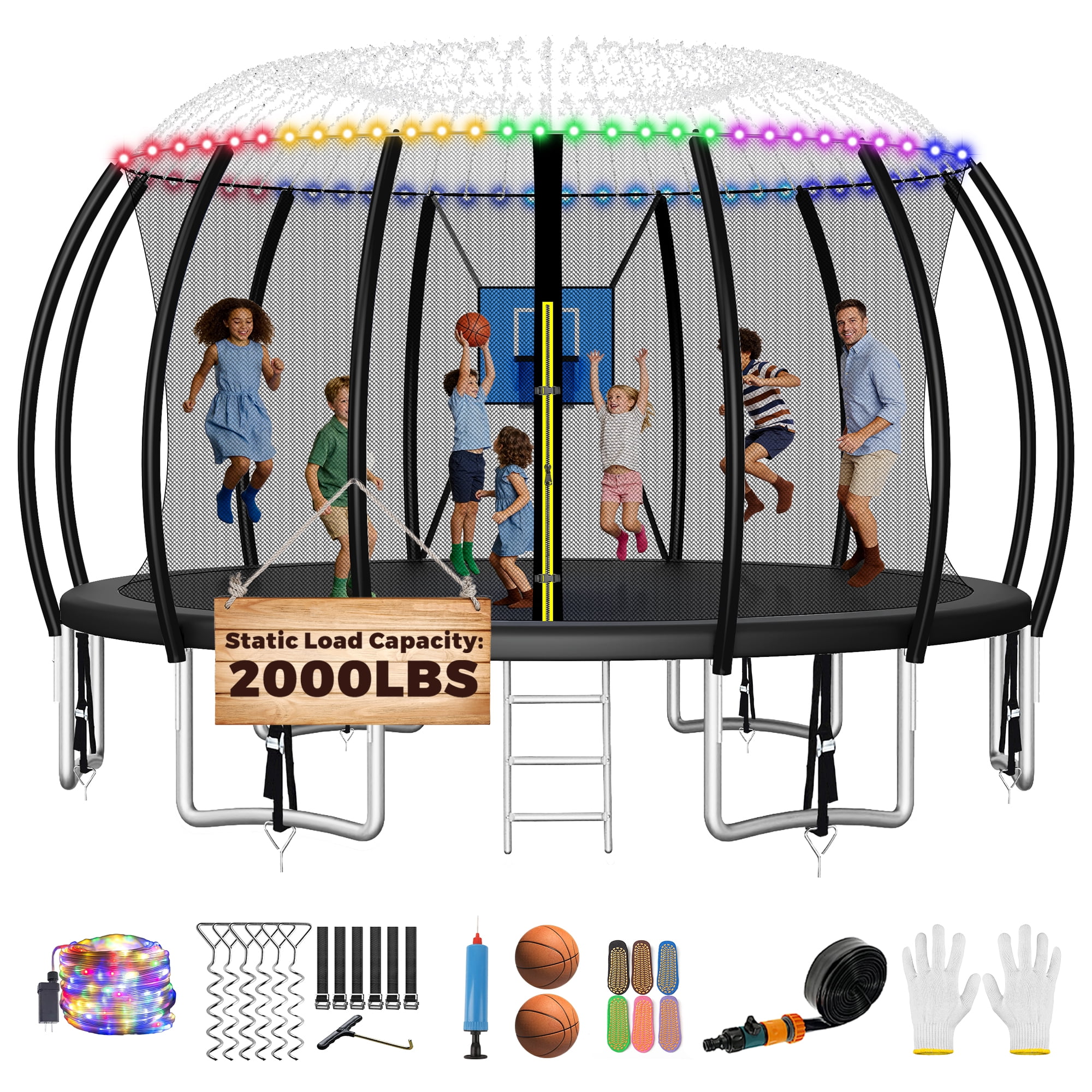 FIZITI 16FT Trampoline with Basketball Hoop,Enclosure Net,Sprinkler,Light,Socks,Ladder for 7-8 Kids and Adult,2000LBS Pumpkin Outdoor Heavy Duty Recreational Backyard Trampoline
