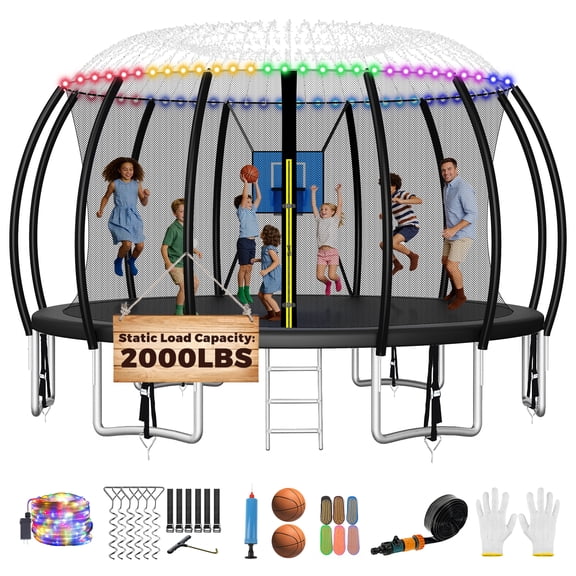 FIZITI 16FT Trampoline with Basketball Hoop,Enclosure Net,Sprinkler,Light,Socks,Ladder for 7-8 Kids and Adult,2000LBS Pumpkin Outdoor Heavy Duty Recreational Backyard Trampoline