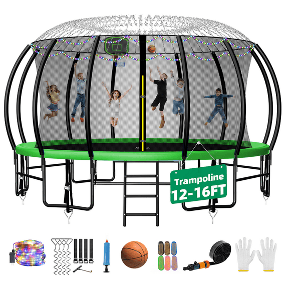 FIZITI 16FT Trampoline with Basketball Hoop,Enclosure Net,Sprinkler,Light,Socks,Ladder for 7-8 Kids and Adult,2000LBS Pumpkin Outdoor Heavy Duty Recreational Backyard Trampoline,Green
