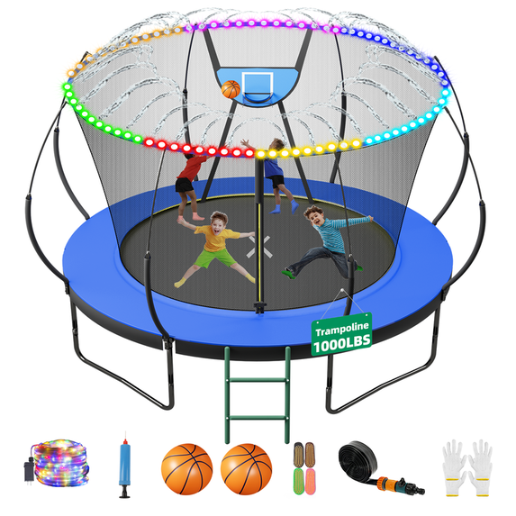 FIZITI Springless Trampoline,10FT 8FT 6FT 1000LBS Trampoline for Kids,Bungee Cords Trampoline with Enclosure,Basketball Hoop,LED Light,Sprinkle and More Gifts, Outdoor Pumpkin Trampoline