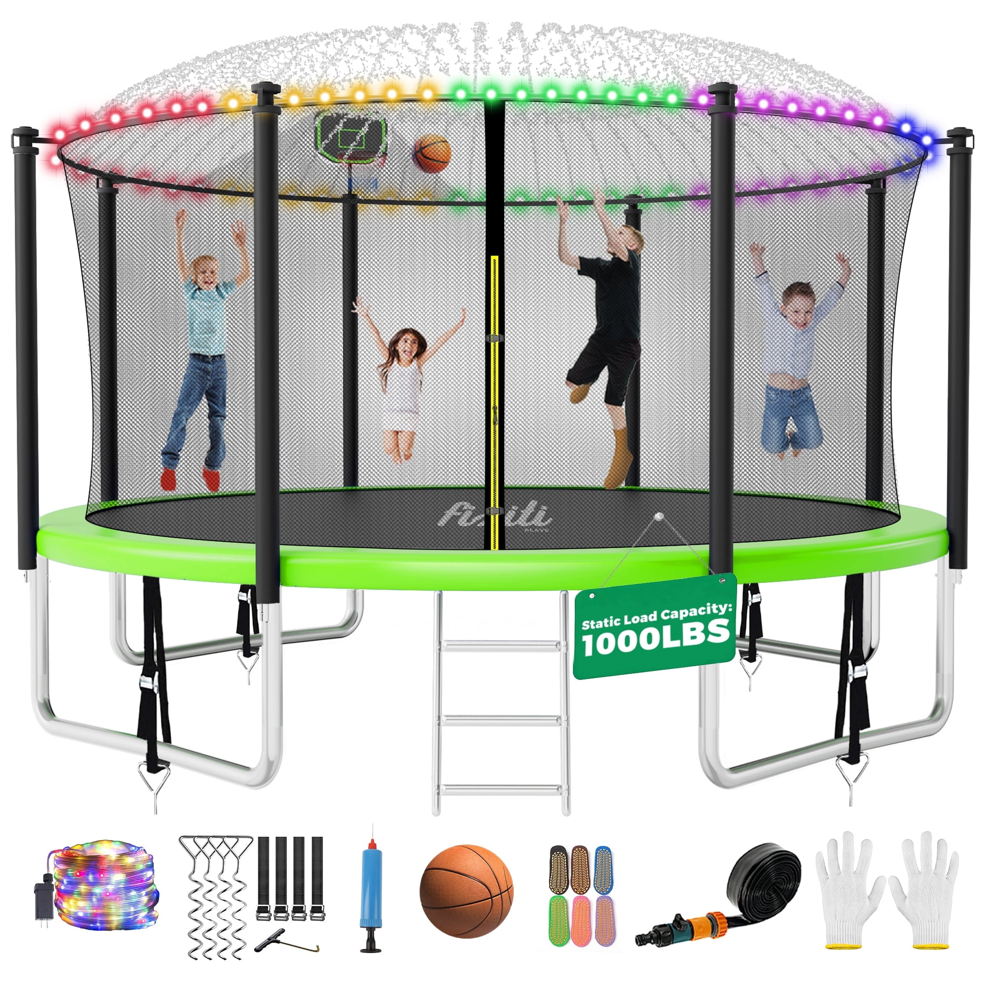 FIZITI Trampoline,1000LBS 12FT 14FT 16FT Trampoline with Enclosure Net, Basketball Hoop, Light, Sprinkler, Socks, Outdoor Heavy Duty Round Trampoline for 4-5 Kids Adults