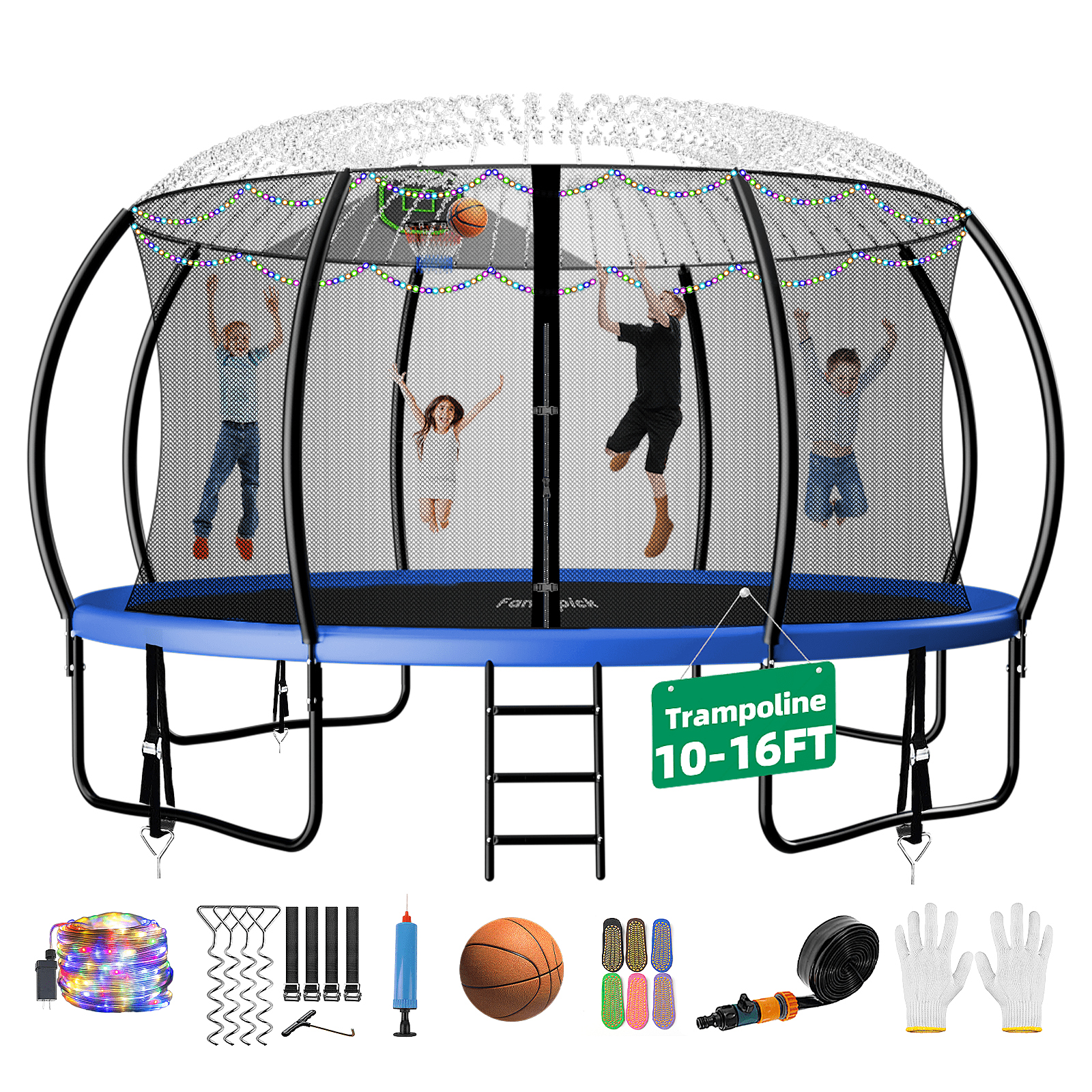 FIZITI Trampoline 10FT 12FT 14FT,Trampoline with Enclosure, Basketball Hoop,Ball, LED Light and Sprinkler, 1000LBS Trampoline for 2-3 Adults/ 6-7 Kids, Outdoor Backyard Trampoline