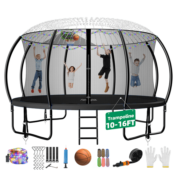 FIZITI Trampoline 12FT 14FT , Trampoline with Enclosure, Basketball Hoop,Ball, LED Light and More Gifts, 1400LBS Trampoline for 2-3 Adults/ 6-7 Kids, Outdoor Backyard Trampoline