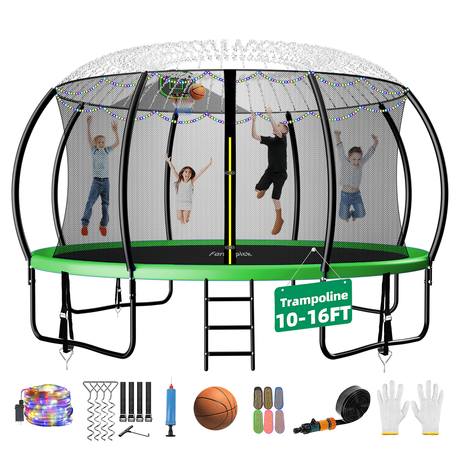 FIZITI Trampoline with Basketball Hoop,Enclosure Net,1500LBS 12FT 14FT 16FT Trampoline for 7-8 Kids and Adult with Sprinkler,Light,Socks,Ladder,Pumpkin Outdoor Heavy Duty Backyard Trampoline,Green