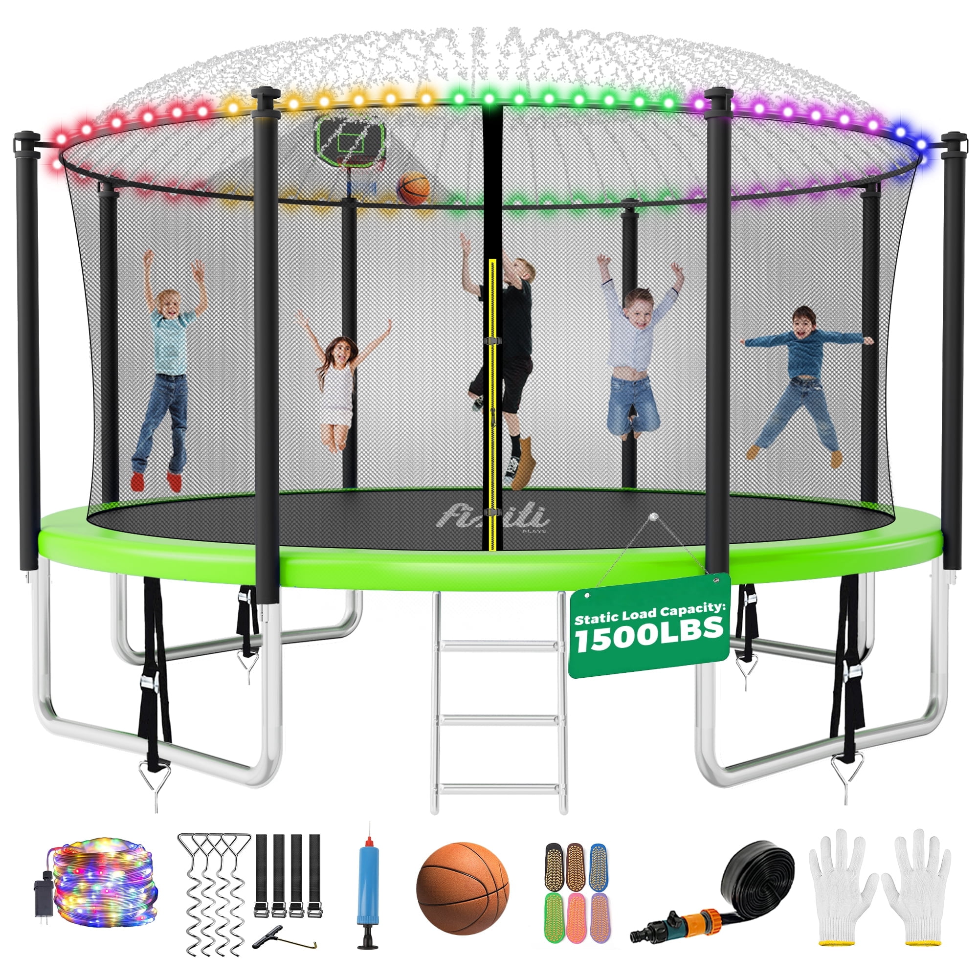 FIZITI Trampoline with Enclosure Net, Basketball Hoop,1500LBS 12FT 14FT 16FT Trampoline for 5-6 Kids Adults with Light, Sprinkler, Socks, Outdoor Heavy Duty Round Trampoline