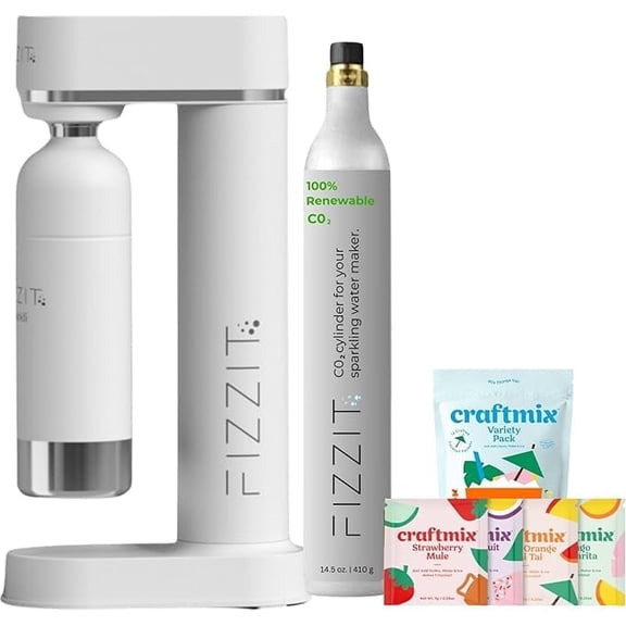 FIZZIT Fizz & Flavor Spark Bundle | Soda Maker with 12-Flavor Drink Mix Variety Pack & 1 CO? Cylinder | Customizable Carbonation, Eco-Friendly, No Electricity Needed