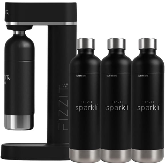 FIZZIT Sparkling Water Maker Machine for home use, black stainless steel, sleek design, includes 3 reusable cylinders