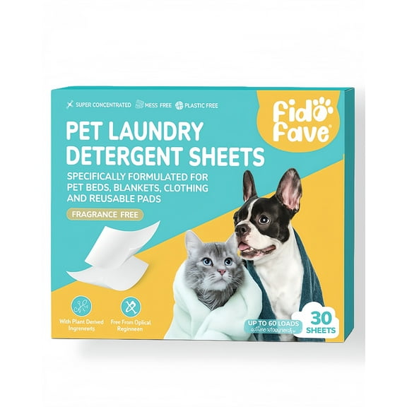 Fido Fave Pet Laundry Detergent Sheets, Fresh Scent, 60 Loads, Concentrated Stain & Odor Removal, Travel-Friendly, 30 Count