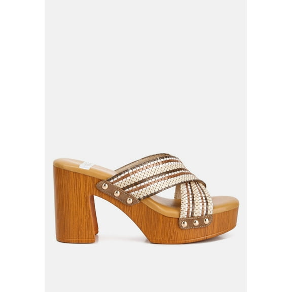 FInley Raffia High Block Heel Clogs In Tan