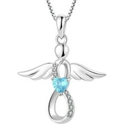 FJ Angel Wings Necklace 925 Sterling Silver InfinityIPendant Birthstone Necklace for Women Jewelry Gifts(March)