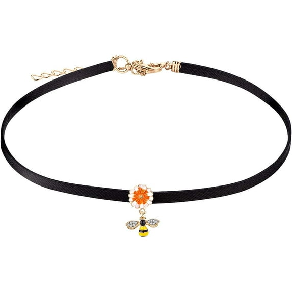 FJ Black Leather Choker Necklaces for Women Choker Classic Tattoo Charm Stretch Necklace*Bee