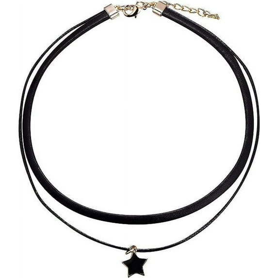 FJ Black Leather Choker Necklaces for Women Choker Classic Tattoo Charm Stretch Necklace*Layered star