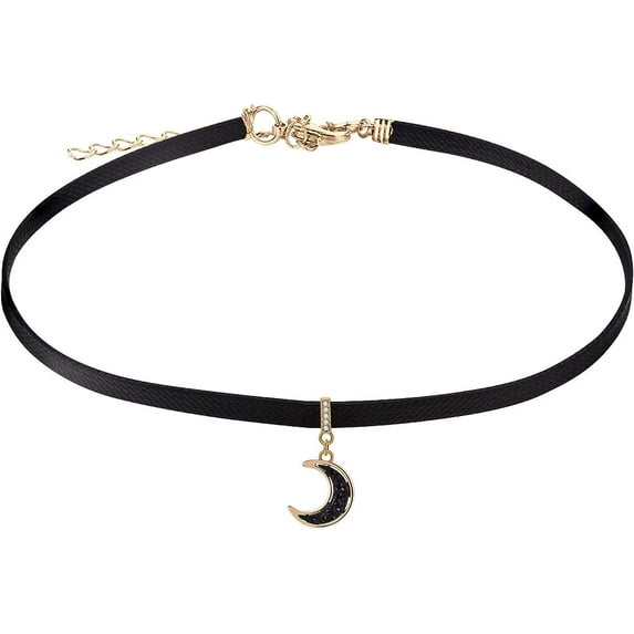FJ Black Leather Choker Necklaces for Women Choker Classic Tattoo Charm Stretch Necklace*Moon
