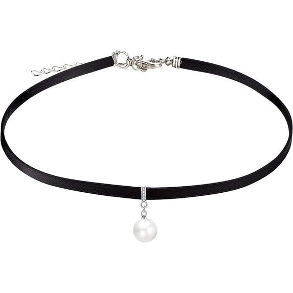 FJ Black Leather Choker Necklaces for Women Choker Classic Tattoo Charm Stretch Necklace*Pearl