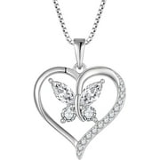 FJ Butterfly April Birthstone Necklaces for Women, 925 Sterling Silver Butterfly Heart Pendant Necklace