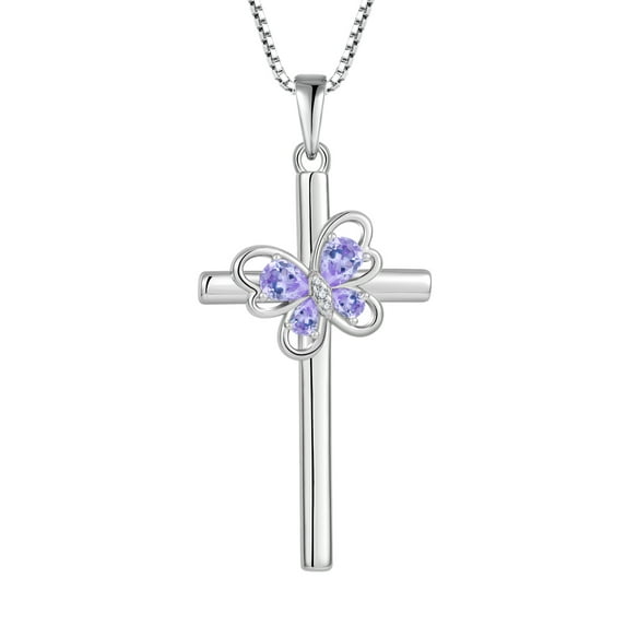 FJ Butterfly Cross Necklace 925 Sterling Silver Alexandrite Pendant June Birthstone Necklace Religious Crucifix Jewelry Gifts for Women
