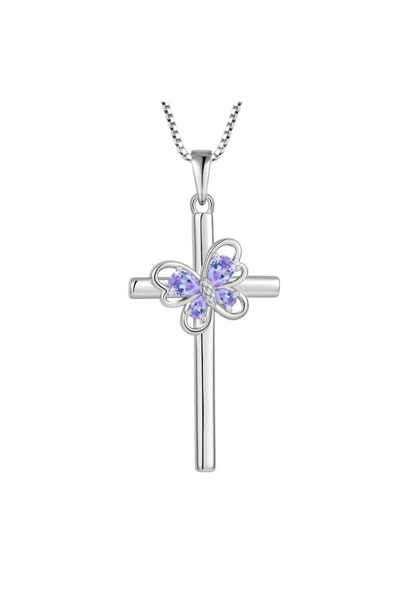Butterfly Cross Necklace 925 Sterling Silver Alexandrite Pendant June Birthstone Necklace Religious Crucifix Jewelry Gifts for Women