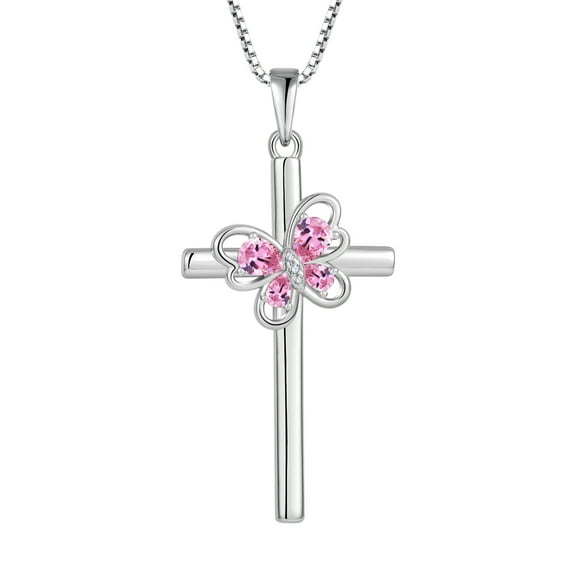 FJ Butterfly Cross Necklace 925 Sterling Silver Pink Tourmaline Pendant October Birthstone Necklace Religious Crucifix Jewelry Gifts for Women