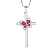 FJ Butterfly Cross Necklace 925 Sterling Silver Ruby Pendant July Birthstone Necklace Religious Crucifix Jewelry Gifts for Women