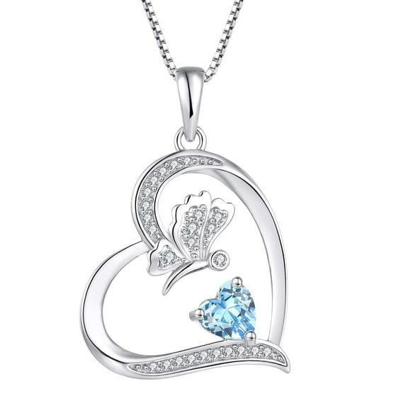 FJ Butterfly Necklace for Women 925 Sterling Silver Heart Aquamarine Pendant March Birthstone Jewelry Gifts for Wife Girlfriend Mom Daughter