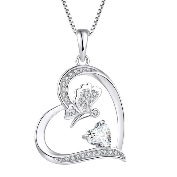 FJ Butterfly Necklace for Women 925 Sterling Silver Heart Cubic Zirconia Pendant April Birthstone Jewelry Gifts for Wife Girlfriend Mom Daughter