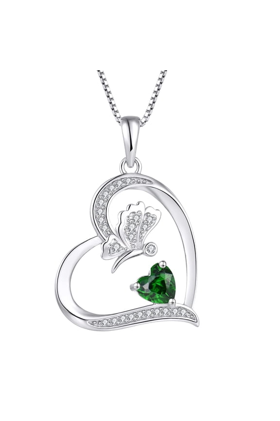 Butterfly Necklace for Women 925 Sterling Silver Heart Emerald Pendant May Birthstone Jewelry Gifts for Wife Girlfriend Mom Daughter