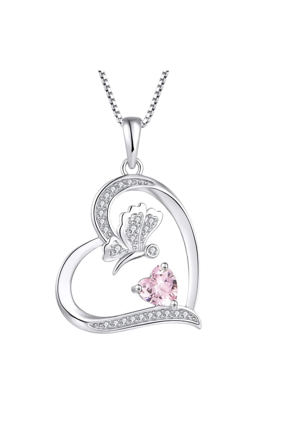 Butterfly Necklace for Women 925 Sterling Silver Heart Pink Tourmaline Pendant October Birthstone Jewelry Gifts for Wife Girlfriend Mom Daughter