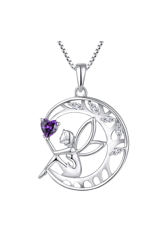 Guardian Angel Necklace 925 Sterling Silver Amethyst Pendant Tree of Life Fairy Moon Necklace February Birthstone Jewelry Gifts for Women