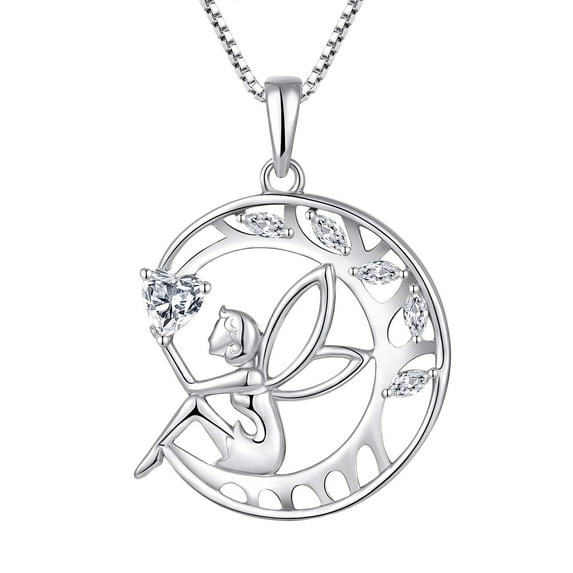 FJ Guardian Angel Necklace 925 Sterling Silver Cubic Zirconia Pendant Tree of Life Fairy Moon Necklace April Birthstone Jewelry Gifts for Women