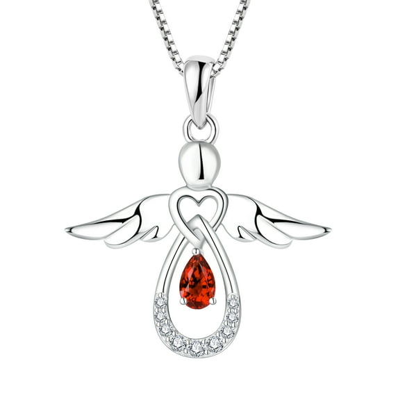 FJ Guardian Angel Necklace for Women 925 Sterling Silver Garnet Pendant January Birthstone Jewelry Gifts for Mom Wife Daughter