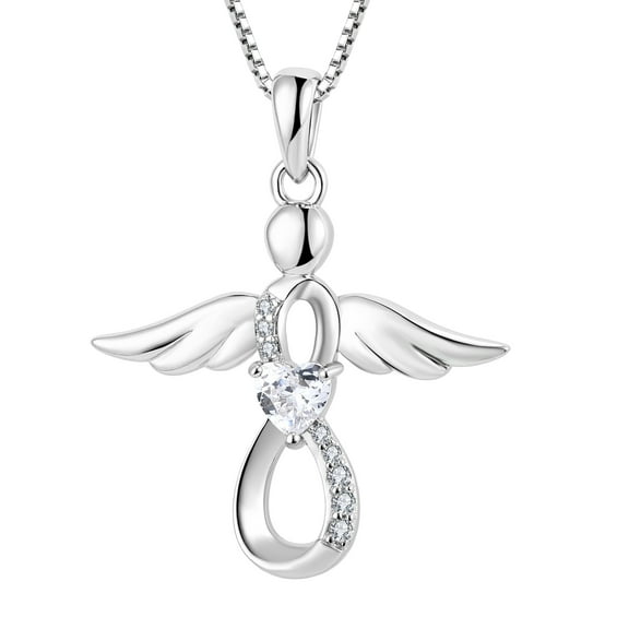 FJ Guardian Angel Necklace for Women 925 Sterling Silver Cubic Zirconia Infinity Pendant April Birthstone Jewelry Gifts for Mom Wife Daughter