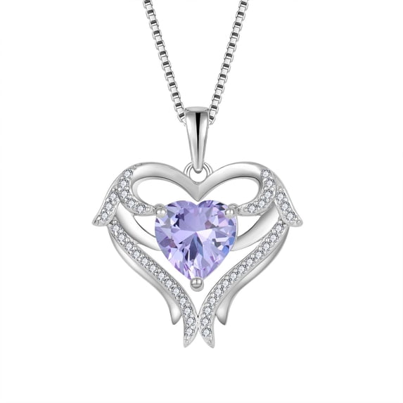 FJ Heart Angel Wings Necklace 925 Sterling Silver Love Heart Alexandrite Pendant June Birthstone Jewelry Gifts for Women