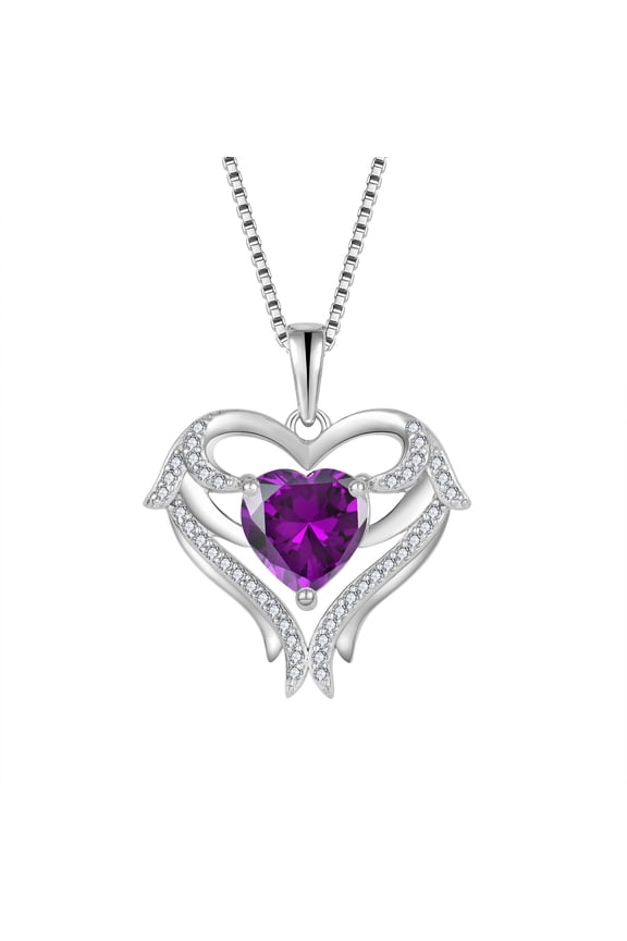 Heart Angel Wings Necklace 925 Sterling Silver Love Heart Amethyst Pendant February Birthstone Jewelry Gifts for Women