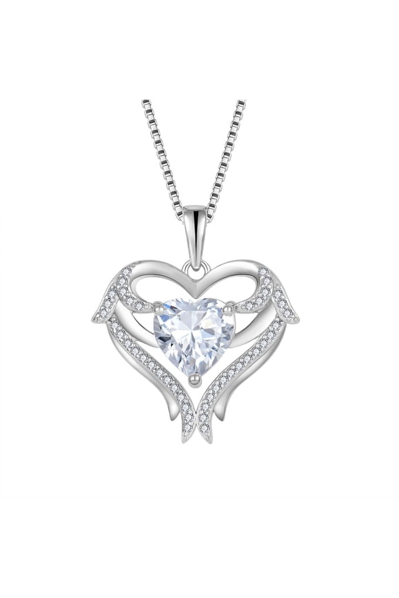 Heart Angel Wings Necklace 925 Sterling Silver Love Heart Cubic Zirconia Pendant April Birthstone Jewelry Gifts for Women
