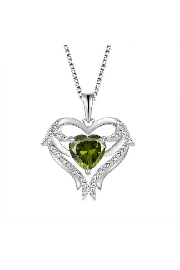 Heart Angel Wings Necklace 925 Sterling Silver Love Heart Peridot Pendant August Birthstone Jewelry Gifts for Women