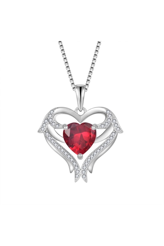 Heart Angel Wings Necklace 925 Sterling Silver Love Heart Ruby Pendant July Birthstone Jewelry Gifts for Women