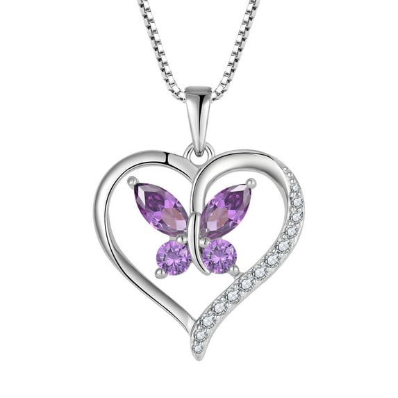 FJ Heart Butterfly Necklace for Women 925 Sterling Silver Amethyst Pendant February Birthstone Jewelry Gifts for Mom Wife Her