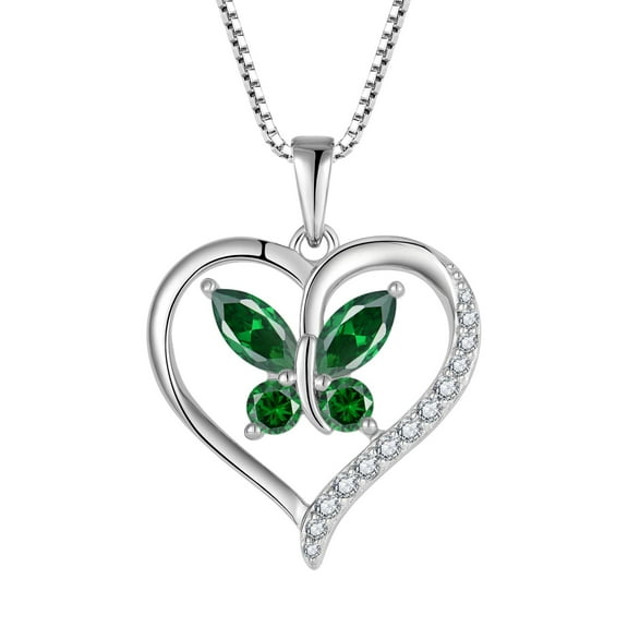 FJ Heart Butterfly Necklace for Women 925 Sterling Silver Emerald Pendant May Birthstone Jewelry Gifts for Her