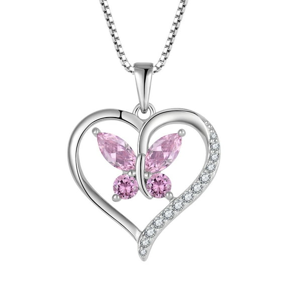 FJ Heart Butterfly Necklace for Women 925 Sterling Silver Pink Tourmaline Pendant October Birthstone Jewelry Gifts for Mom Wife Her