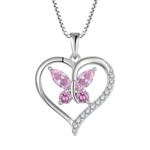 FJ Heart Butterfly Necklace for Women 925 Sterling Silver Pink Tourmaline Pendant October Birthstone Jewelry Gifts for Mom Wife Her
