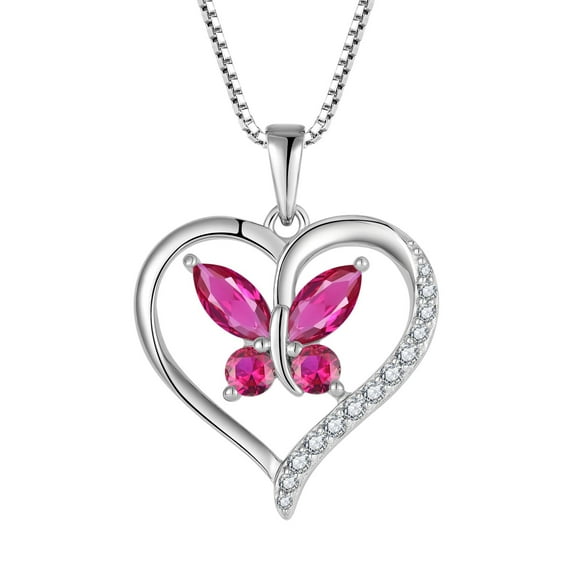 FJ Heart Butterfly Necklace for Women 925 Sterling Silver Ruby Pendant July Birthstone Jewelry Gifts for Mom Wife Her