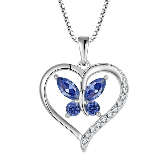 FJ Heart Butterfly Necklace for Women 925 Sterling Silver Tanzanite Pendant December Birthstone Jewelry Gifts for Mom Wife Her
