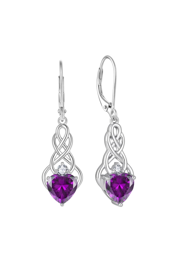Infinity Celtic Knot Dangle Drop Earrings Irish Leverback Amethyst Earrings 925 Sterling Silver Heart February Birthstone Earrings Good Luck Jewelry Gifts for Women